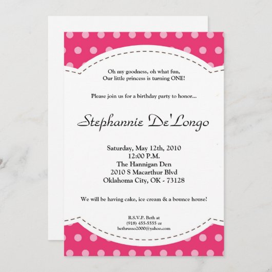 5 x 7 Girl Pink Polkadot Poke Birthday Uitnodiging (Voorkant / Achterkant)