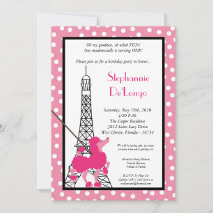5 x 7 Girl Pink Poodle Paris Birthday Par Uitnodig Kaart