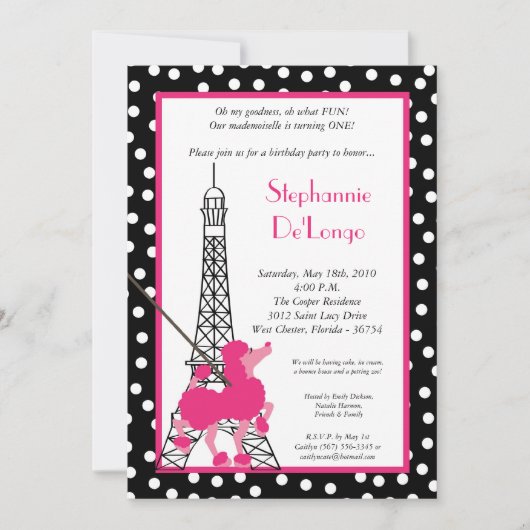 5 x 7 Girl Pink Poodle Paris Birthday Par Uitnodig Kaart (Voorkant)