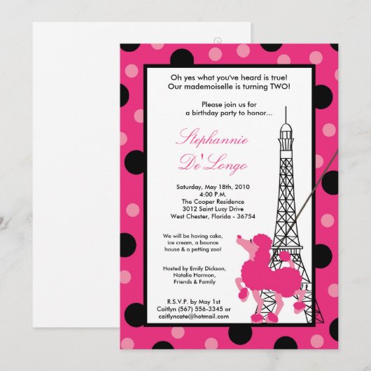 5 x 7 Girl Pink Poodle Paris Birthday Par Uitnodig Kaart (Voorkant / Achterkant)