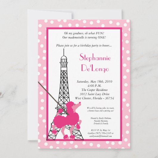 5 x 7 Girl Pink Poodle Paris Birthday Par Uitnodig Kaart (Voorkant)