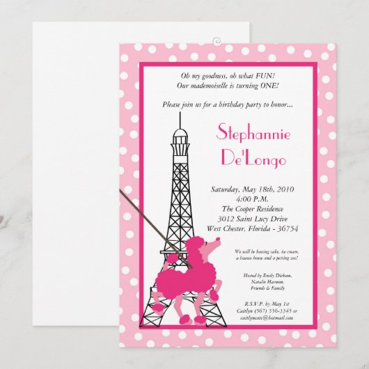 5 x 7 Girl Pink Poodle Paris Birthday Par Uitnodig Kaart (Voorkant / Achterkant)