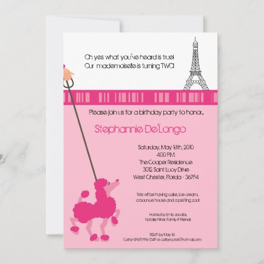 5 x 7 Girl Pink Poodle Paris Birthday Par Uitnodig Kaart (Voorkant)