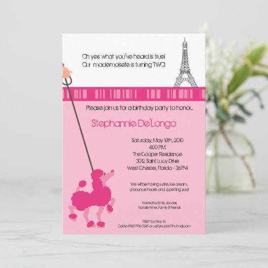 5 x 7 Girl Pink Poodle Paris Birthday Par Uitnodig Kaart (Staand voorkant)