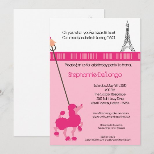 5 x 7 Girl Pink Poodle Paris Birthday Par Uitnodig Kaart (Voorkant / Achterkant)