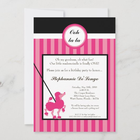 5 x 7 Girl Pink Poodle Paris Birthday Par Uitnodig Kaart (Voorkant)