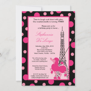 5 x 7 Girl Pink Poodle Paris Birthday Par Uitnodig Kaart