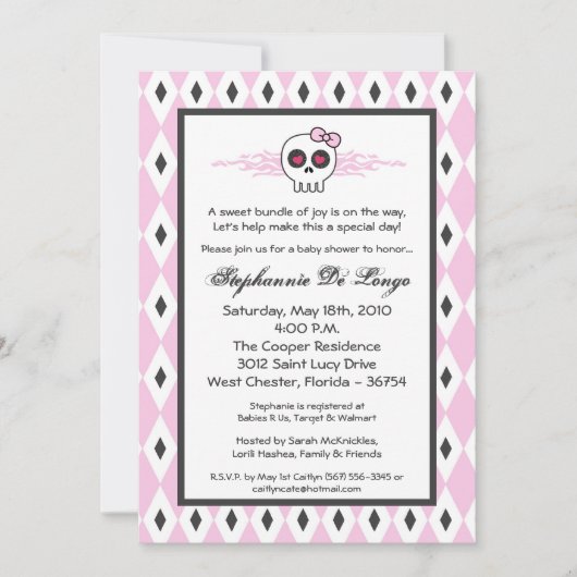5 x 7 Girl Punk Skull EMO Baby shower Invitation Kaart (Voorkant)