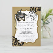 5 x 7 Gold Masquerade Masker 16 Birthday Uitnodigi Kaart (Staand voorkant)