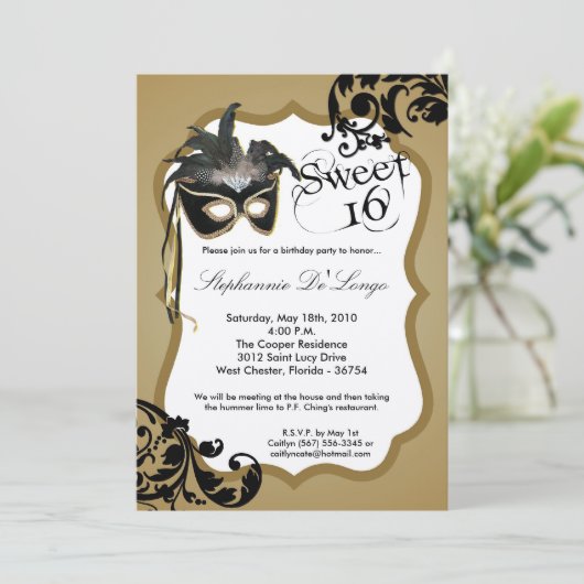 5 x 7 Gold Masquerade Masker 16 Birthday Uitnodigi Kaart (Staand voorkant)