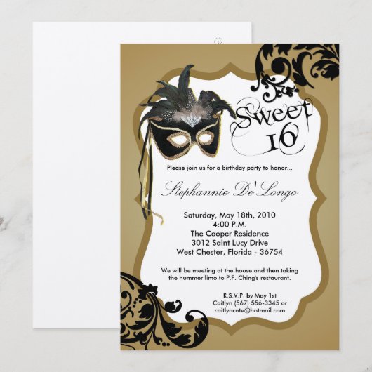5 x 7 Gold Masquerade Masker 16 Birthday Uitnodigi Kaart (Voorkant / Achterkant)