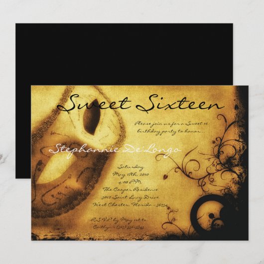 5 x 7 Gold Masquerade Sweet 16 Birthday Invitation Kaart (Voorkant / Achterkant)