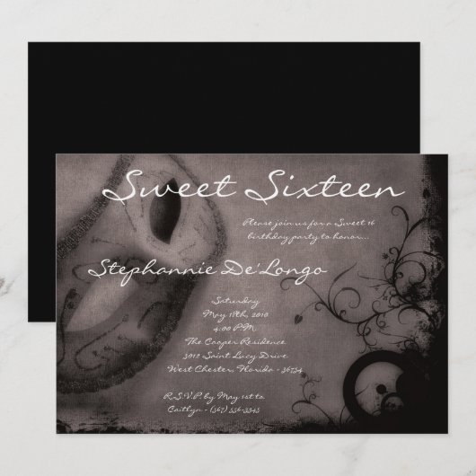 5 x 7 Gray Masquerade Sweet 16 Birthday Uitnodigin Kaart (Voorkant / Achterkant)