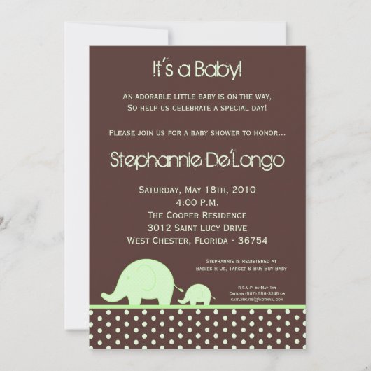 5 x 7 Green Neut Mod Elephant Baby shower Invitati Kaart (Voorkant)