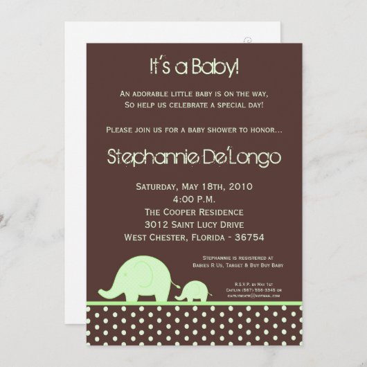 5 x 7 Green Neut Mod Elephant Baby shower Invitati Kaart (Voorkant / Achterkant)