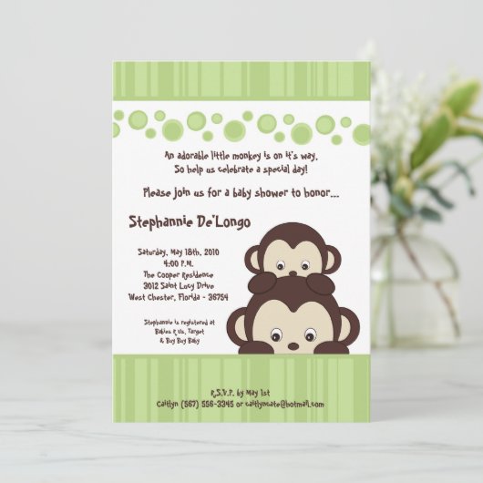 5 x 7 Green Pop Monkey Neutra Baby shower Invitati Kaart (Staand voorkant)