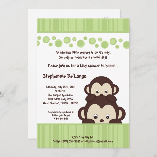 5 x 7 Green Pop Monkey Neutra Baby shower Invitati Kaart (Voorkant / Achterkant)