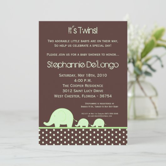 5 x 7 Green Twin Mod Elephant Baby shower Invitati Kaart (Staand voorkant)