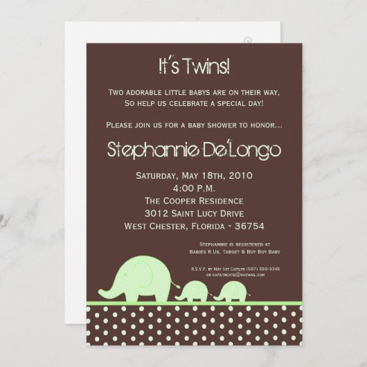 5 x 7 Green Twin Mod Elephant Baby shower Invitati Kaart (Voorkant / Achterkant)