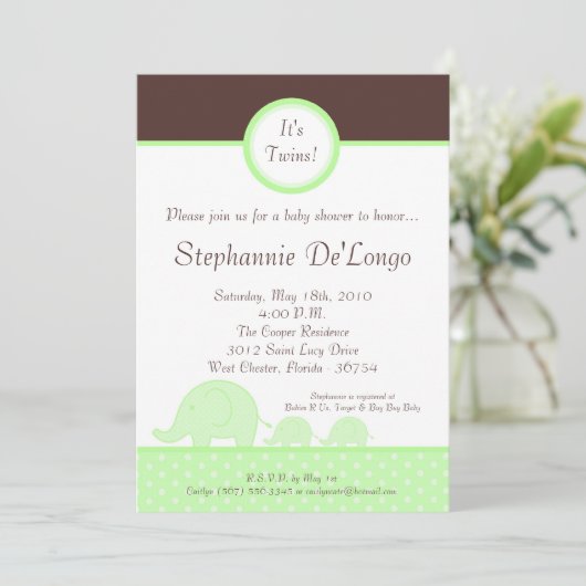 5 x 7 Green Twin Mod Elephant Baby shower Invitati Kaart (Staand voorkant)