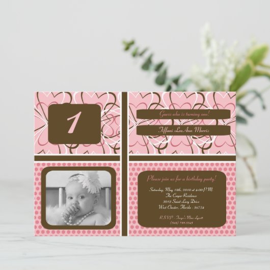 5 x 7 Heart PolkaDot Foto Birthday Party Invitatio Kaart (Staand voorkant)