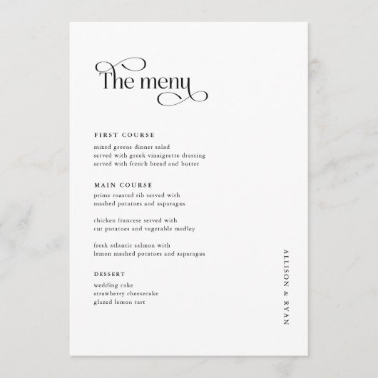 5 x 7-inch Klassieke Weddenstabel-menukaarten, fla Menu (Voorkant)