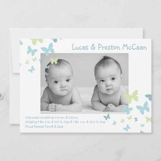 5 x 7 Jongen Twins Butterfly Foto geboorteaankondi Aankondiging (Voorkant)