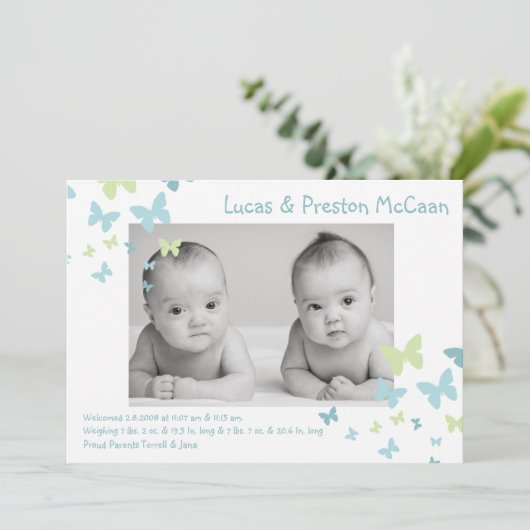 5 x 7 Jongen Twins Butterfly Foto geboorteaankondi Aankondiging (Staand voorkant)