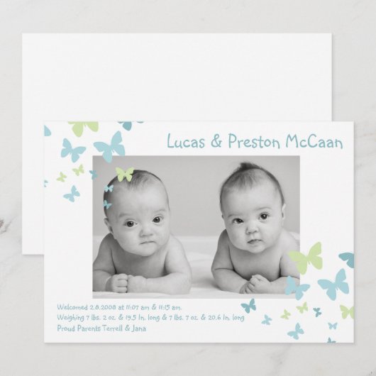 5 x 7 Jongen Twins Butterfly Foto geboorteaankondi Aankondiging (Voorkant / Achterkant)