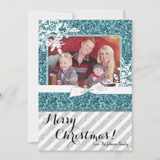 5 x 7 Kerstmis XMAS Blue Glitter Snowfla FOTO-kaar Feestdagenkaart (Voorkant)