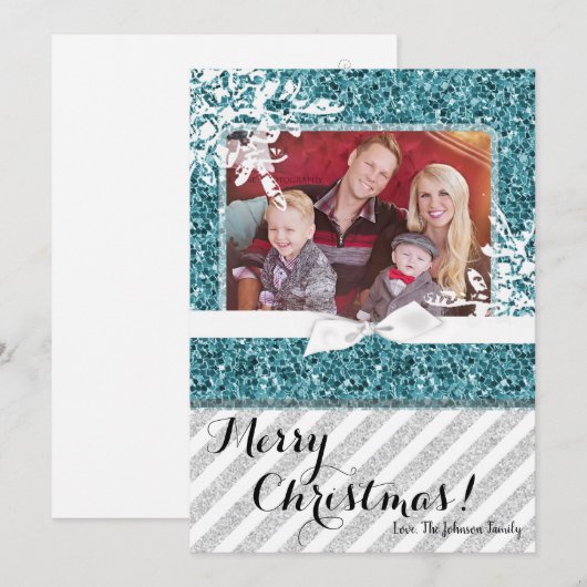 5 x 7 Kerstmis XMAS Blue Glitter Snowfla FOTO-kaar Feestdagenkaart (Voorkant / Achterkant)