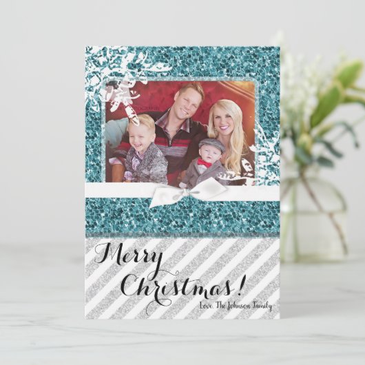 5 x 7 Kerstmis XMAS Blue Glitter Snowfla FOTO-kaar Feestdagenkaart (Staand voorkant)