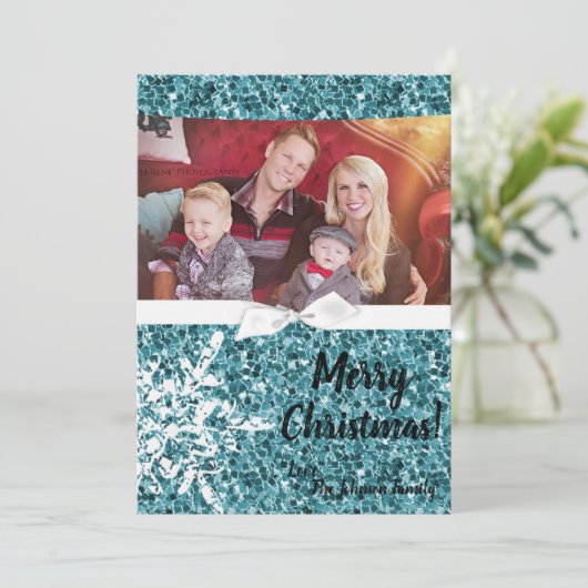 5 x 7 Kerstmis XMAS Blue Glitter Snowfla FOTO-kaar Feestdagenkaart (Staand voorkant)