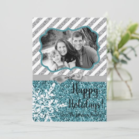 5 x 7 Kerstmis XMAS Blue Glitter Snowfla FOTO-kaar Feestdagenkaart (Staand voorkant)