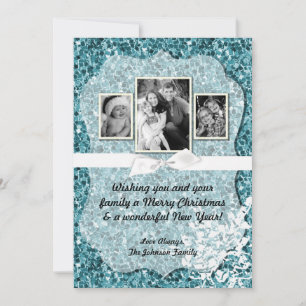 5 x 7 Kerstmis XMAS Blue Glitter Snowfla FOTO-kaar Feestdagenkaart