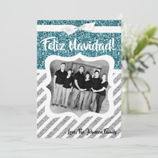 5 x 7 Kerstmis XMAS Blue Glitter Snowfla FOTO-kaar Feestdagenkaart (Staand voorkant)