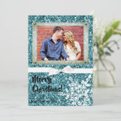 5 x 7 Kerstmis XMAS Blue Glitter Snowfla FOTO-kaar Feestdagenkaart (Staand voorkant)