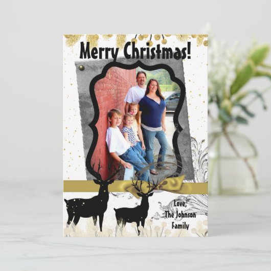 5 x 7 Kerstmis XMAS Gold Deer Buck PHOTO-kaart Feestdagenkaart (Staand voorkant)
