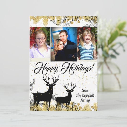 5 x 7 Kerstmis XMAS Gold Deer Buck PHOTO-kaart Feestdagenkaart (Staand voorkant)