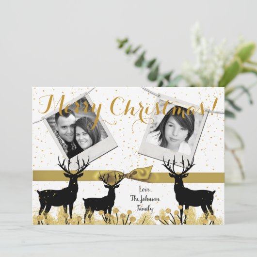 5 x 7 Kerstmis XMAS Gold Deer Buck PHOTO-kaart Feestdagenkaart (Staand voorkant)