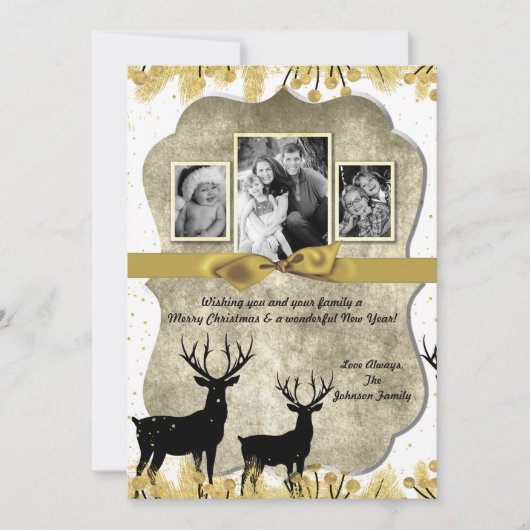 5 x 7 Kerstmis XMAS Gold Deer Buck PHOTO-kaart Feestdagenkaart (Voorkant)