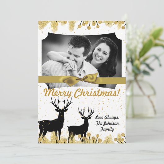 5 x 7 Kerstmis XMAS Gold Deer Buck PHOTO-kaart Feestdagenkaart (Staand voorkant)