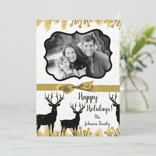 5 x 7 Kerstmis XMAS Gold Deer Buck PHOTO-kaart Feestdagenkaart (Staand voorkant)
