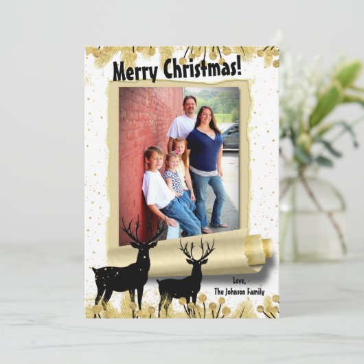 5 x 7 Kerstmis XMAS Gold Deer Buck PHOTO-kaart Feestdagenkaart (Staand voorkant)