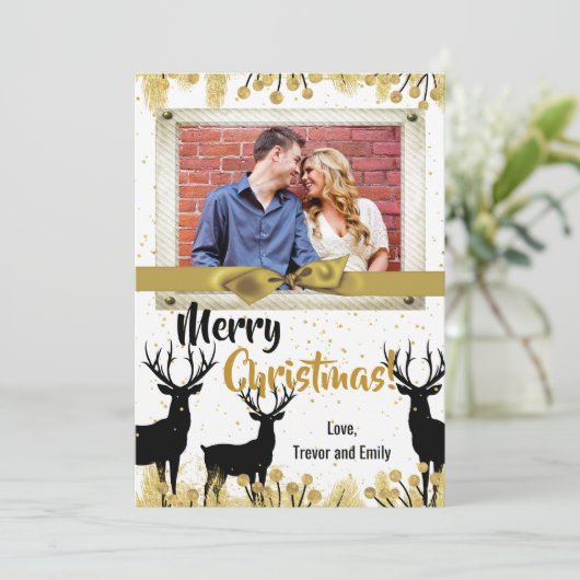 5 x 7 Kerstmis XMAS Gold Deer Buck PHOTO-kaart Feestdagenkaart (Staand voorkant)