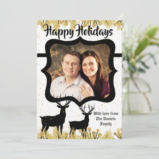 5 x 7 Kerstmis XMAS Gold Deer Buck PHOTO-kaart Feestdagenkaart (Staand voorkant)