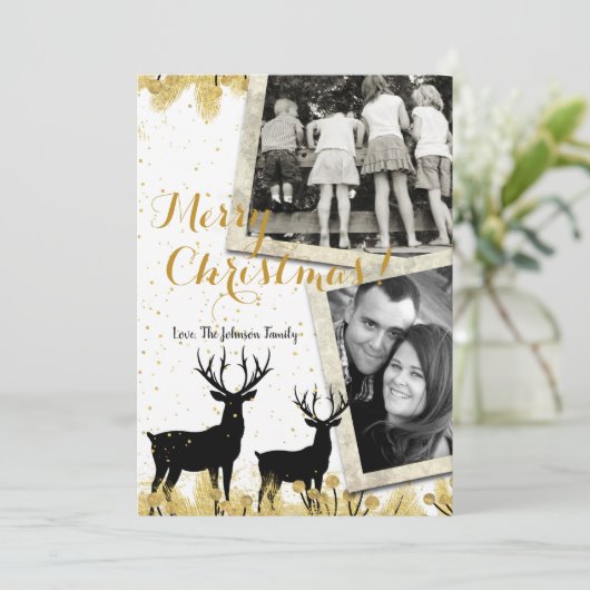 5 x 7 Kerstmis XMAS Gold Deer Buck PHOTO-kaart Feestdagenkaart (Staand voorkant)