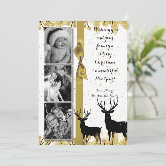 5 x 7 Kerstmis XMAS Gold Deer Buck PHOTO-kaart Feestdagenkaart (Staand voorkant)