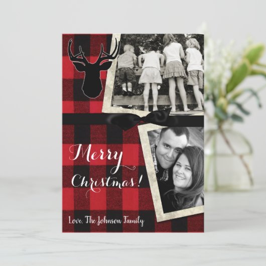 5 x 7 Kerstmis XMAS Red Pset Deer PHOTO-kaart Feestdagenkaart (Staand voorkant)