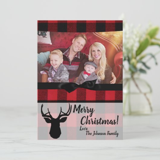 5 x 7 Kerstmis XMAS Red Pset Deer PHOTO-kaart Feestdagenkaart (Staand voorkant)